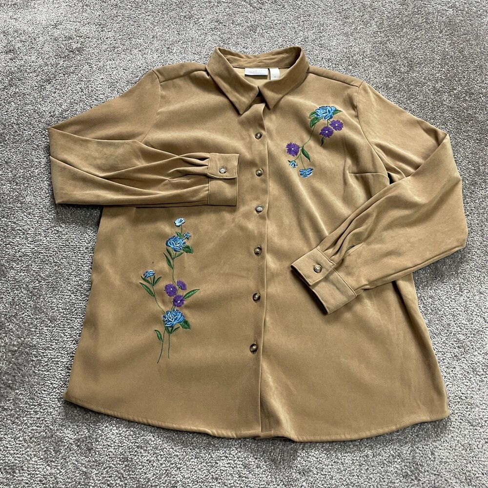 Cascade Blue Shirt Womens Medium Brown Long Sleeve Button Up Floral Embroidered